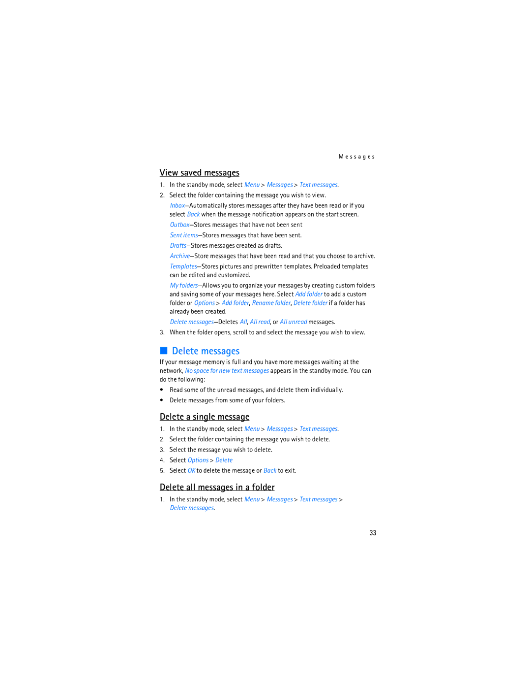 Nokia 6236i manual Delete messages, View saved messages, Delete a single message, Delete all messages in a folder 