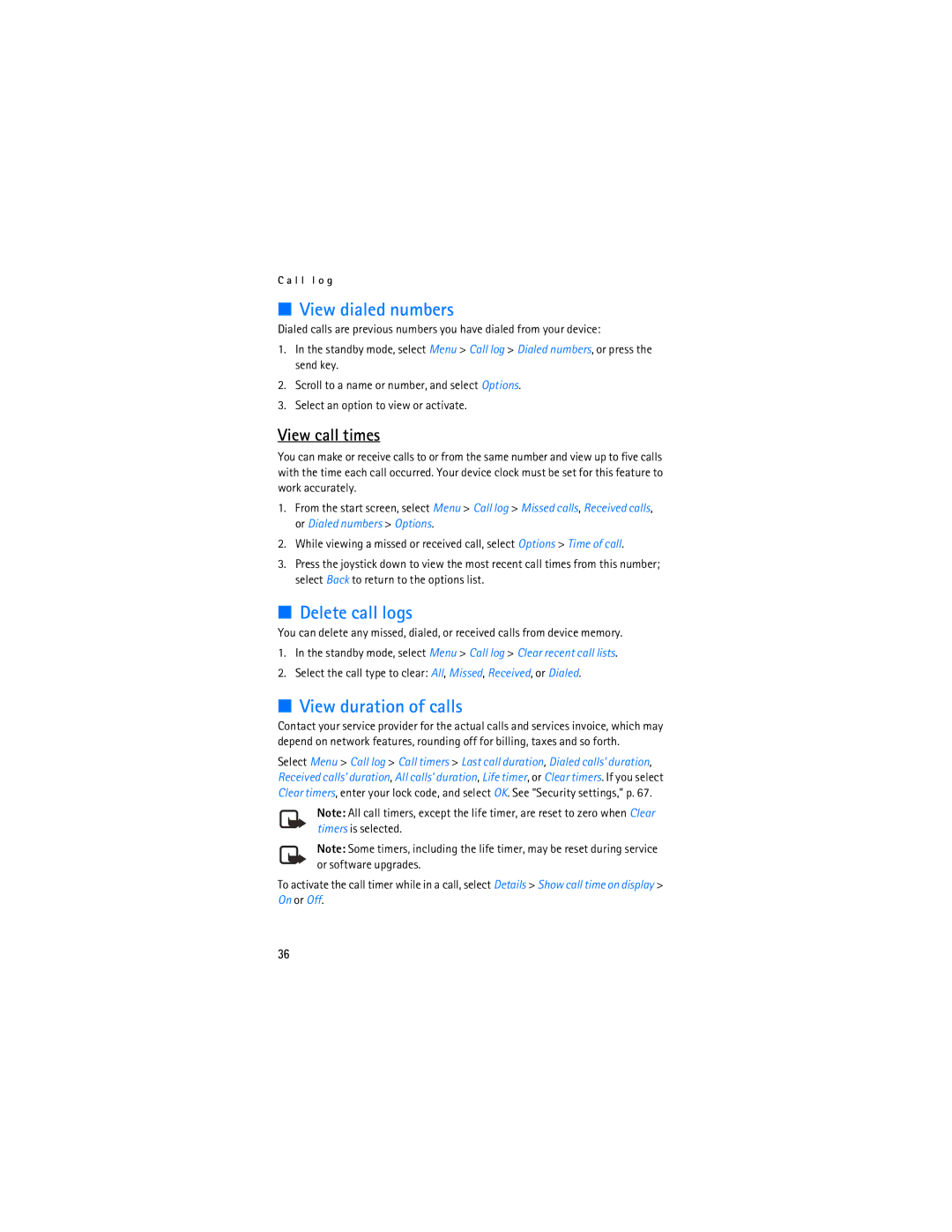 Nokia 6236i manual View dialed numbers, Delete call logs, View duration of calls, View call times 