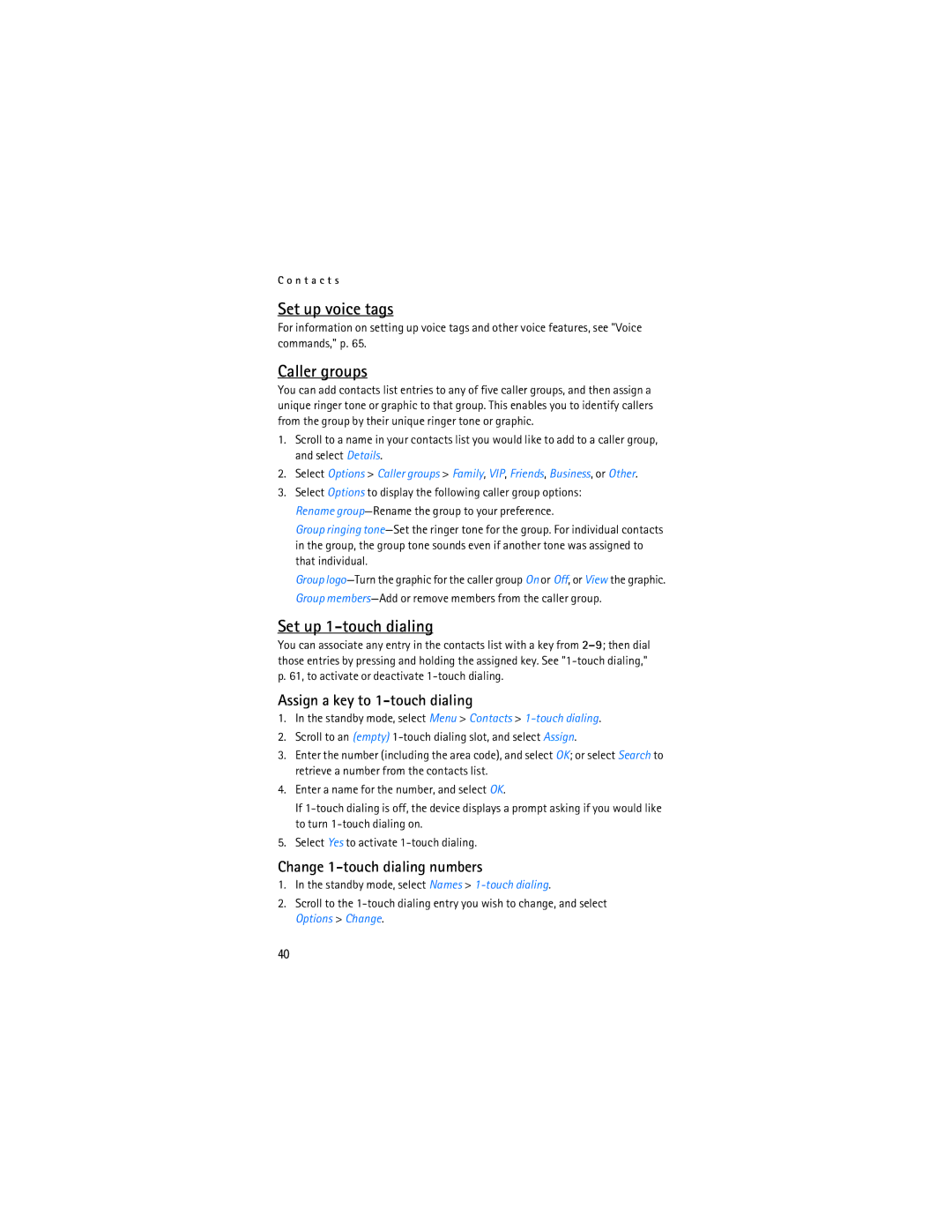 Nokia 6236i manual Set up voice tags, Caller groups, Set up 1-touch dialing, Assign a key to 1-touch dialing 