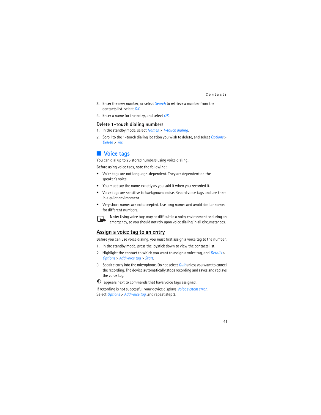Nokia 6236i manual Voice tags, Assign a voice tag to an entry, Delete 1-touch dialing numbers 