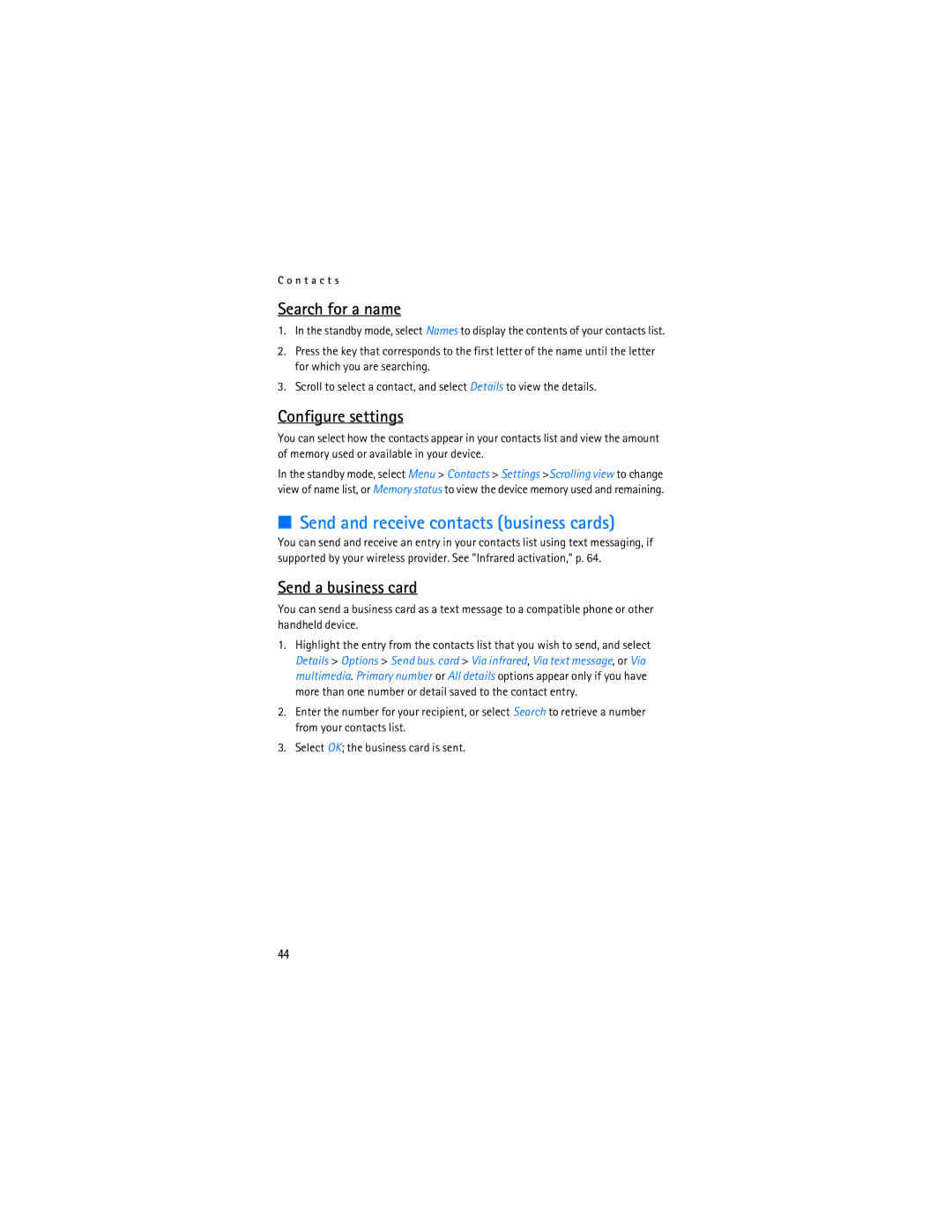 Nokia 6236i manual Send and receive contacts business cards, Search for a name, Configure settings, Send a business card 