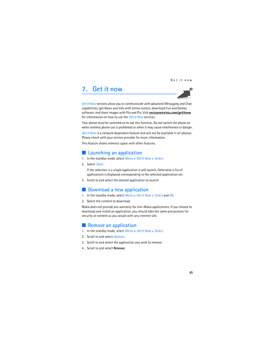 Nokia 6236i manual Get it now, Launching an application, Download a new application, Remove an application 