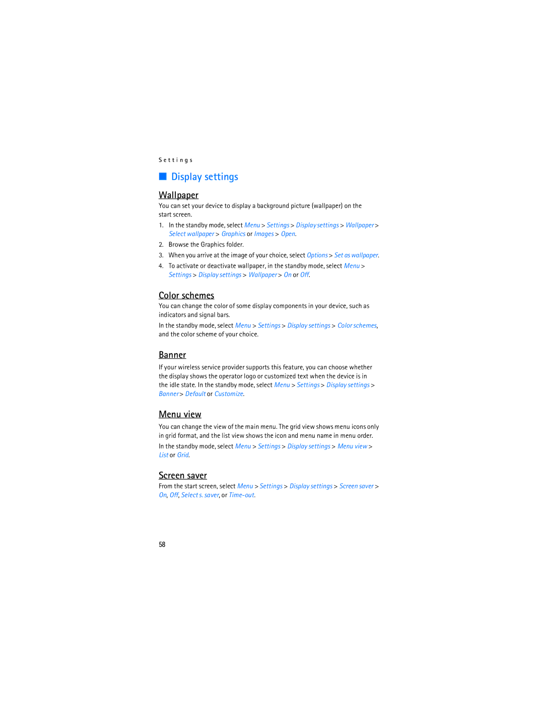 Nokia 6236i manual Display settings 