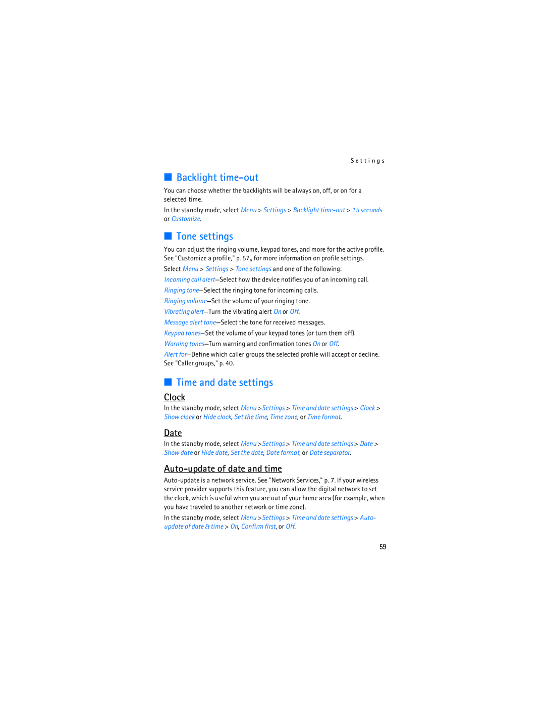 Nokia 6236i manual Backlight time-out, Tone settings, Time and date settings 