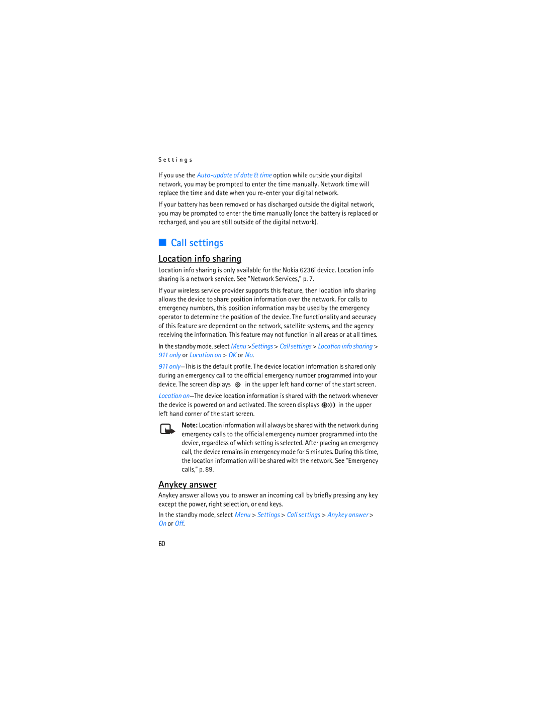 Nokia 6236i manual Call settings, Location info sharing, Anykey answer 