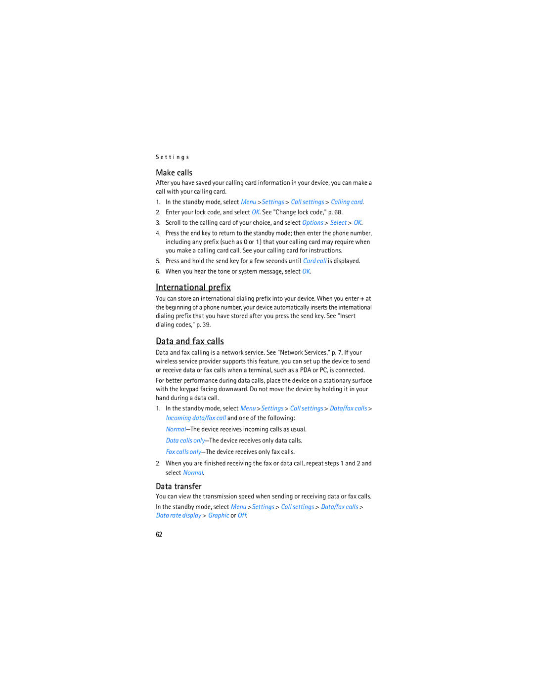 Nokia 6236i manual International prefix, Data and fax calls, Make calls, Data transfer 