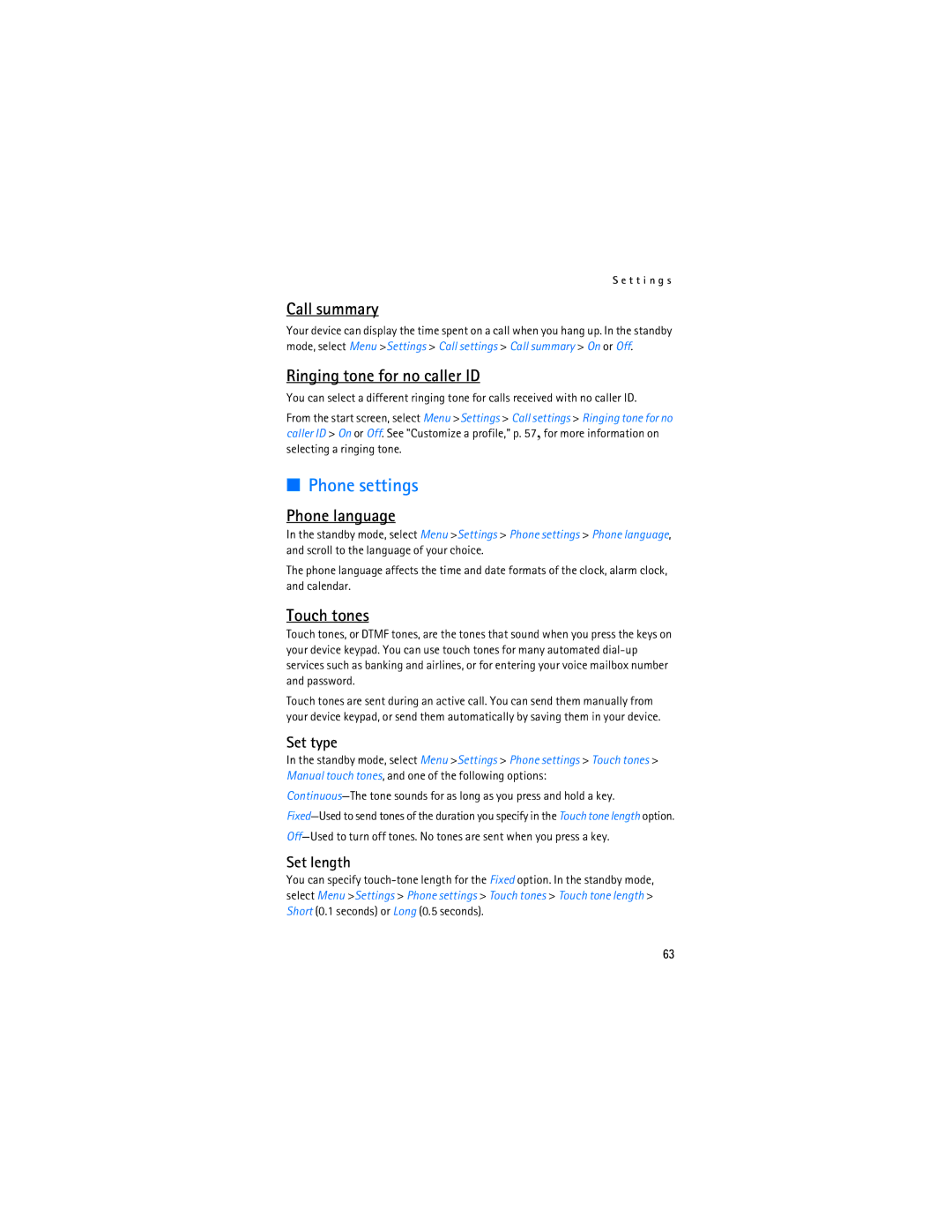 Nokia 6236i manual Phone settings, Call summary, Ringing tone for no caller ID, Phone language, Touch tones 