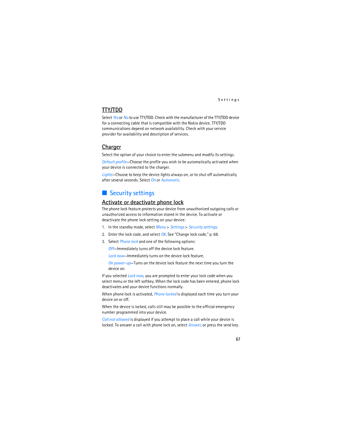 Nokia 6236i manual Security settings, Charger, Activate or deactivate phone lock 