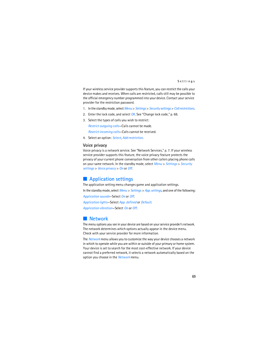 Nokia 6236i manual Application settings, Network, Voice privacy 