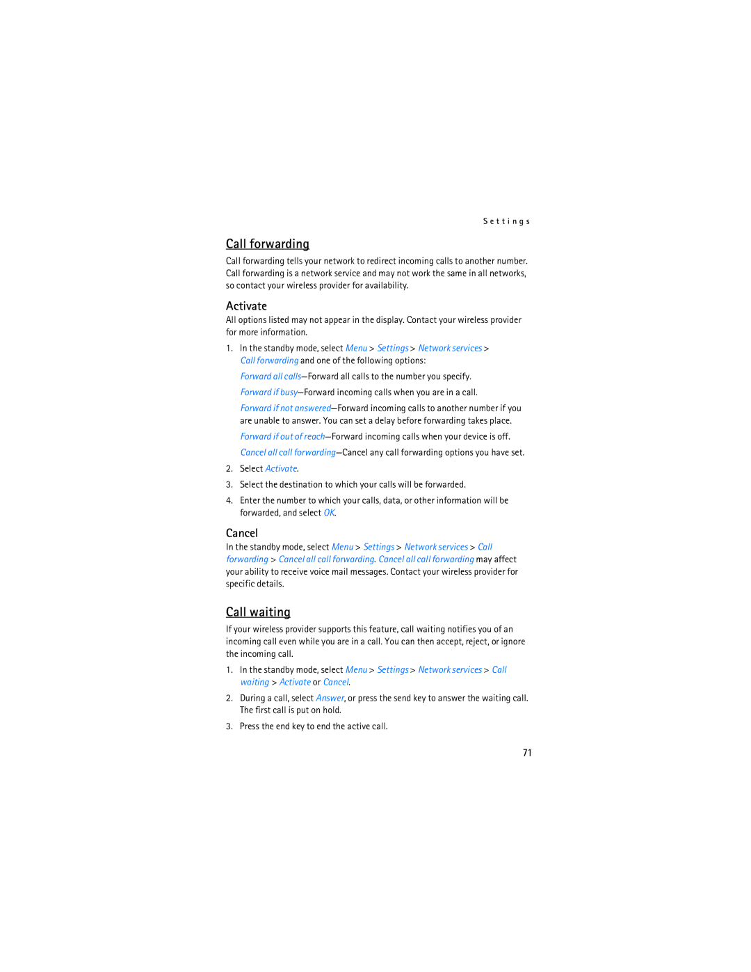 Nokia 6236i manual Call forwarding, Call waiting, Activate, Cancel 