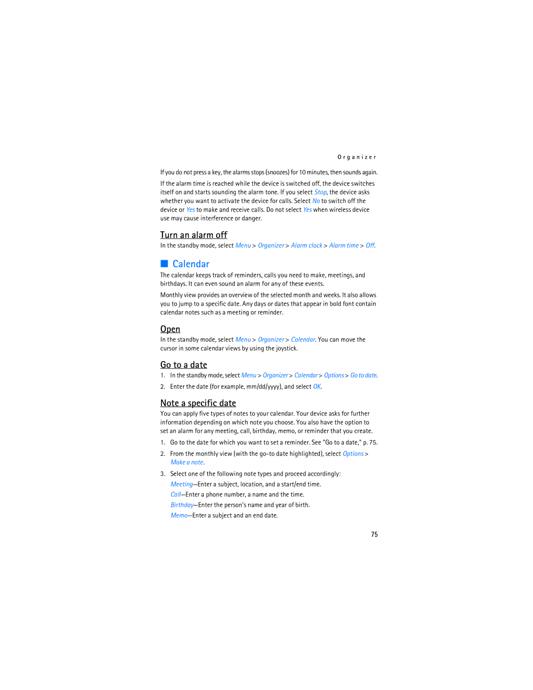 Nokia 6236i manual Calendar, Turn an alarm off, Open, Go to a date 