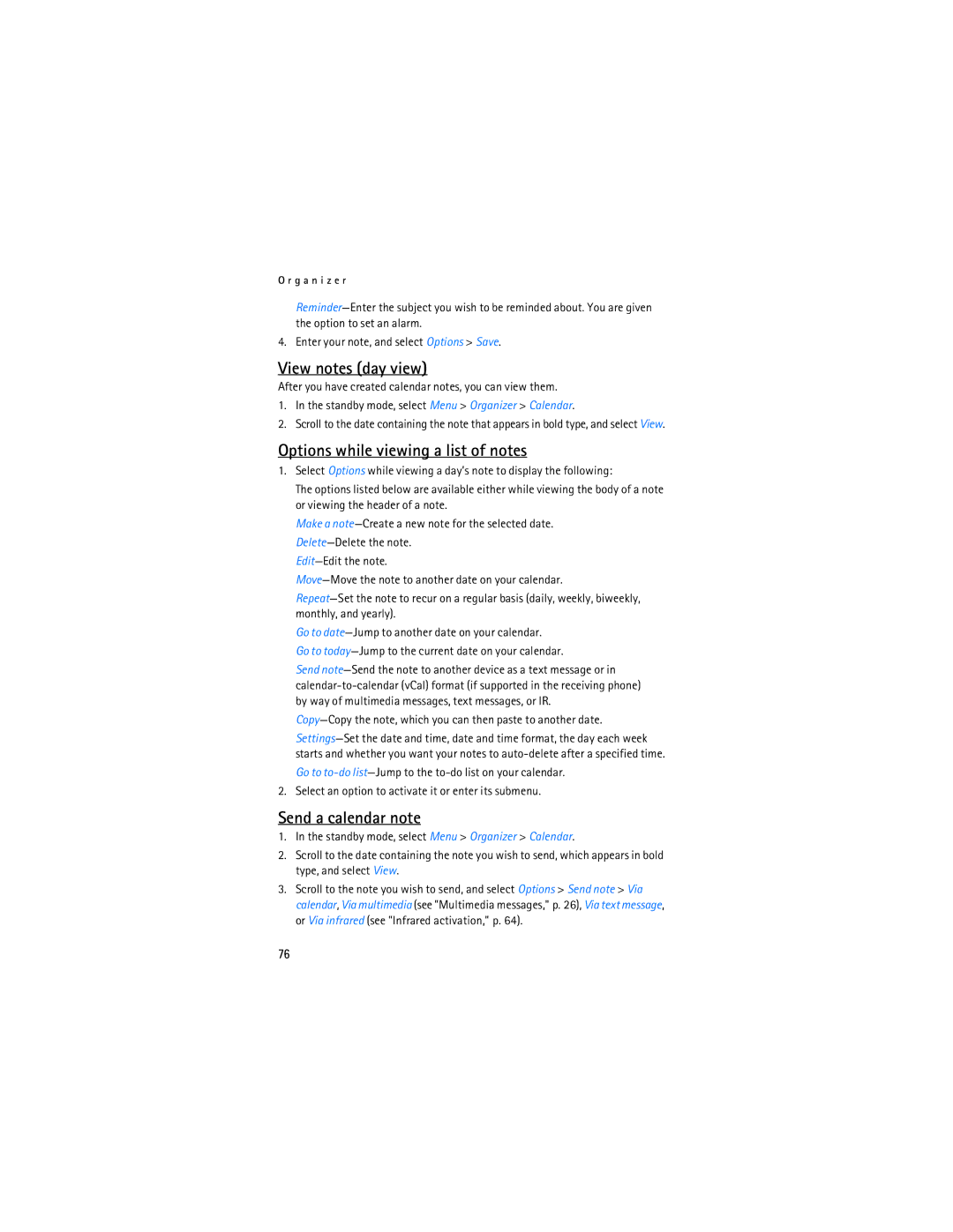 Nokia 6236i manual View notes day view, Options while viewing a list of notes, Send a calendar note 