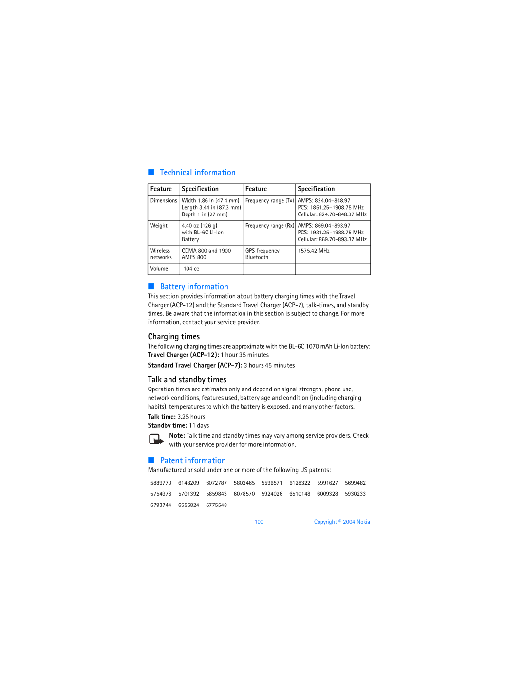 Nokia 6255i manual Charging times, Talk and standby times 