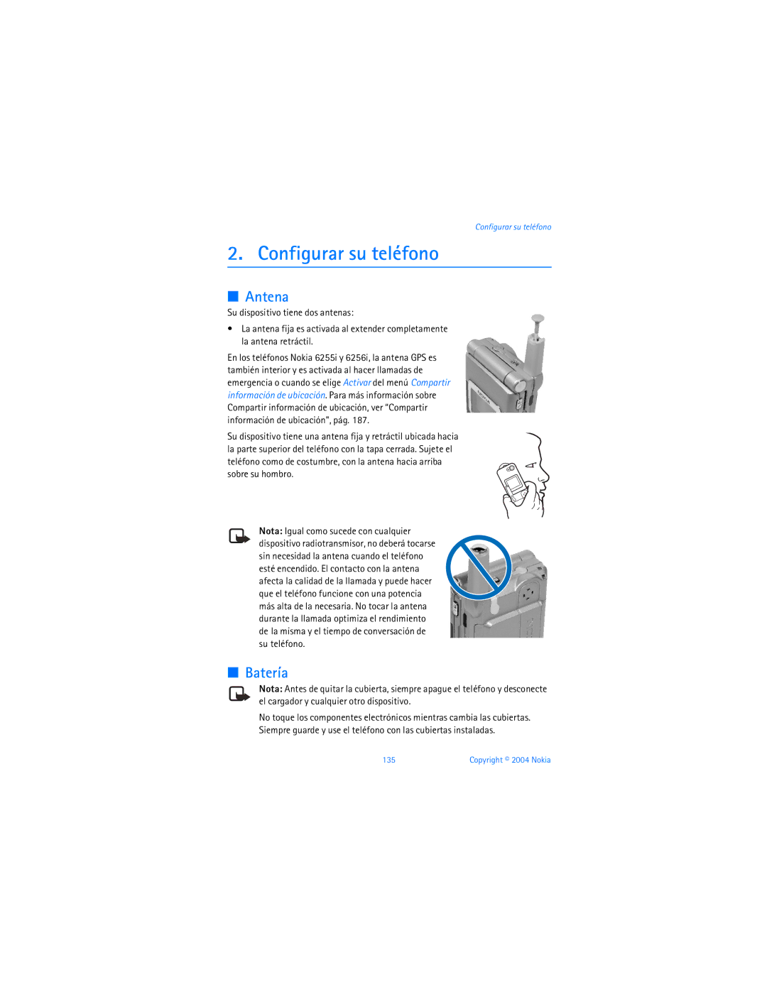 Nokia 6255i manual Configurar su teléfono, Antena, Batería 