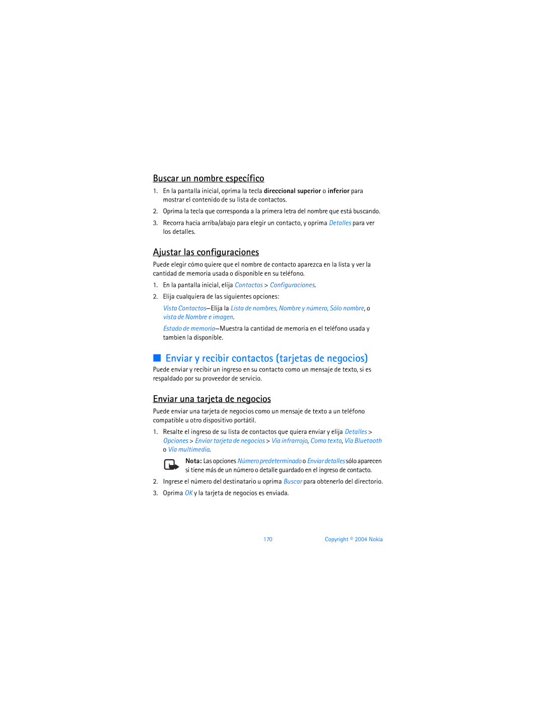 Nokia 6255i Enviar y recibir contactos tarjetas de negocios, Buscar un nombre específico, Ajustar las configuraciones 