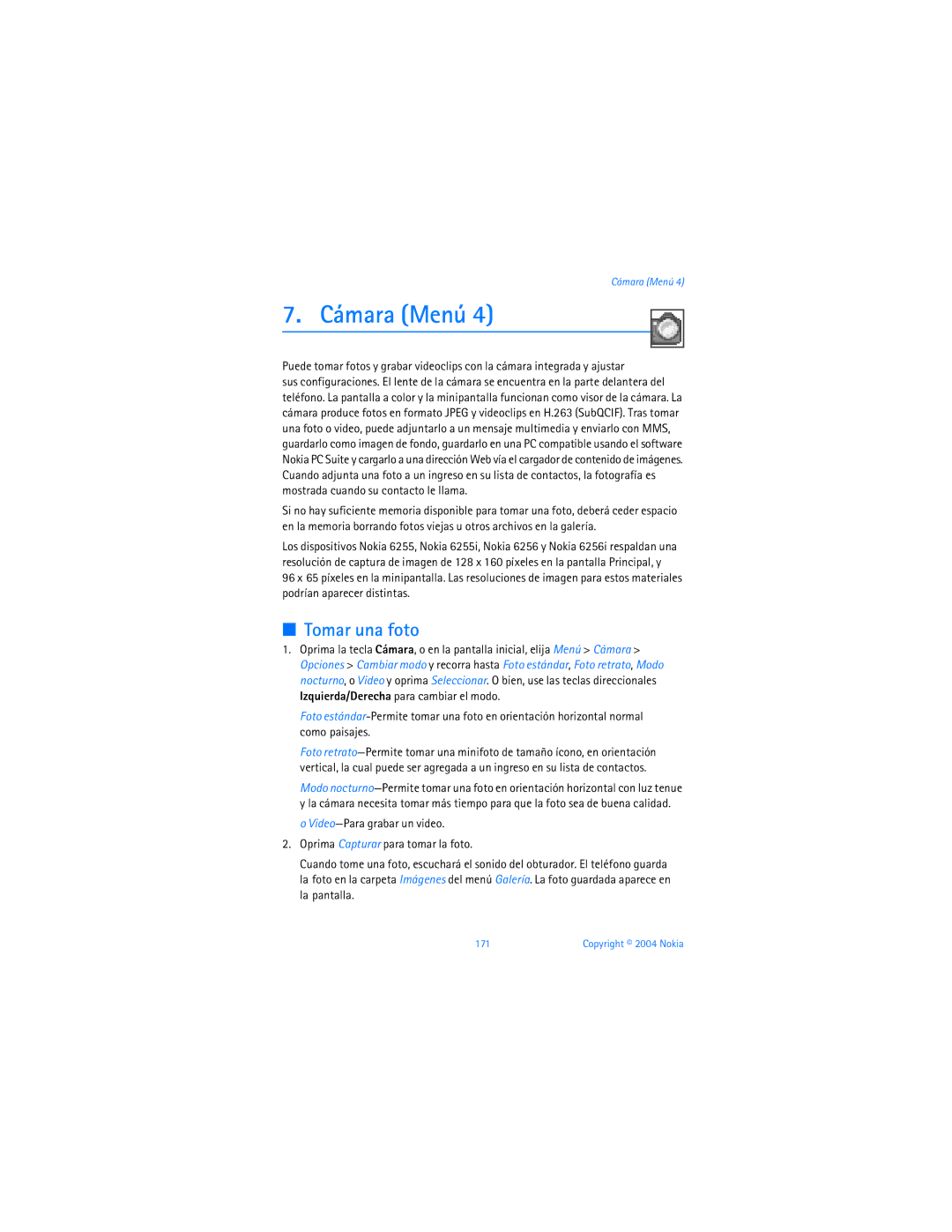 Nokia 6255i manual Cámara Menú, Tomar una foto 