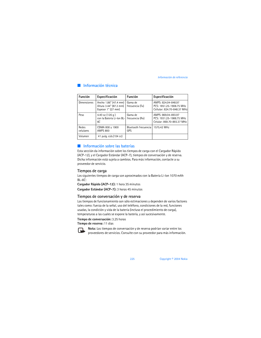 Nokia 6255i manual Tiempos de carga, Tiempos de conversación y de reserva 