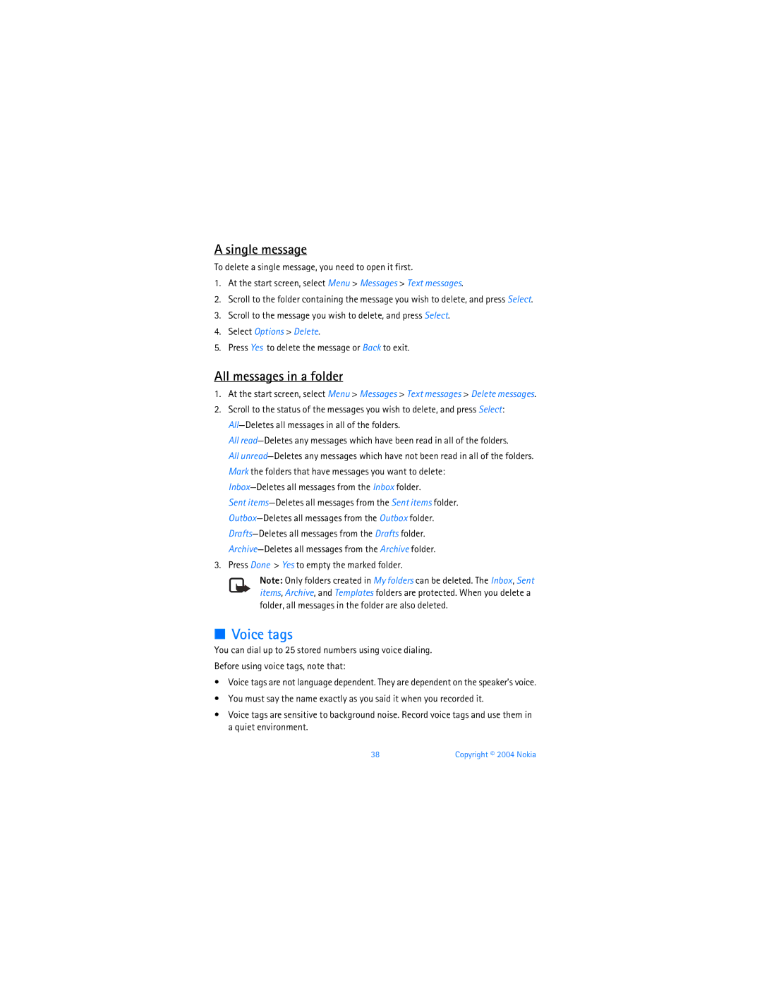 Nokia 6255i manual Voice tags, Single message, All messages in a folder, Select Options Delete 