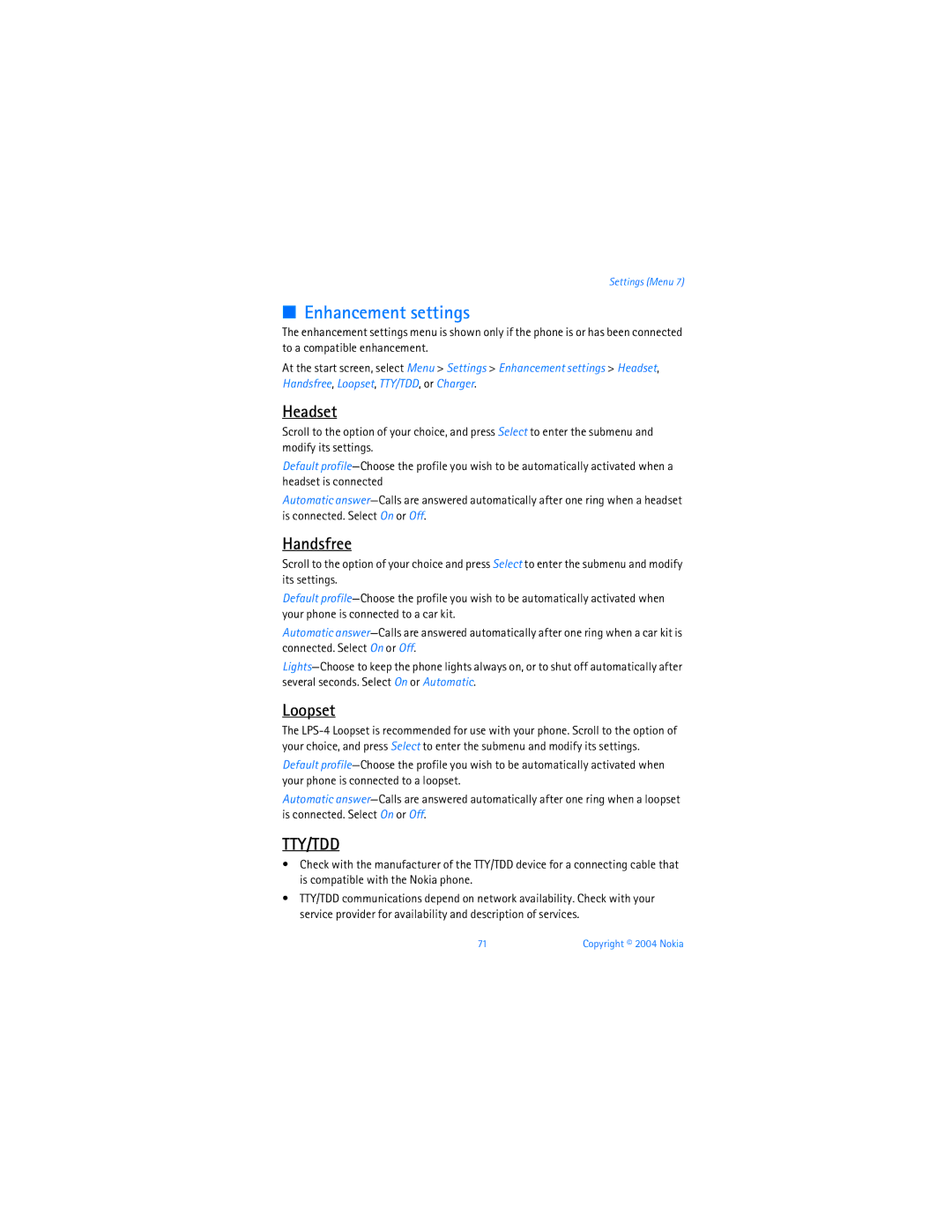 Nokia 6255i manual Enhancement settings, Headset, Handsfree, Loopset 