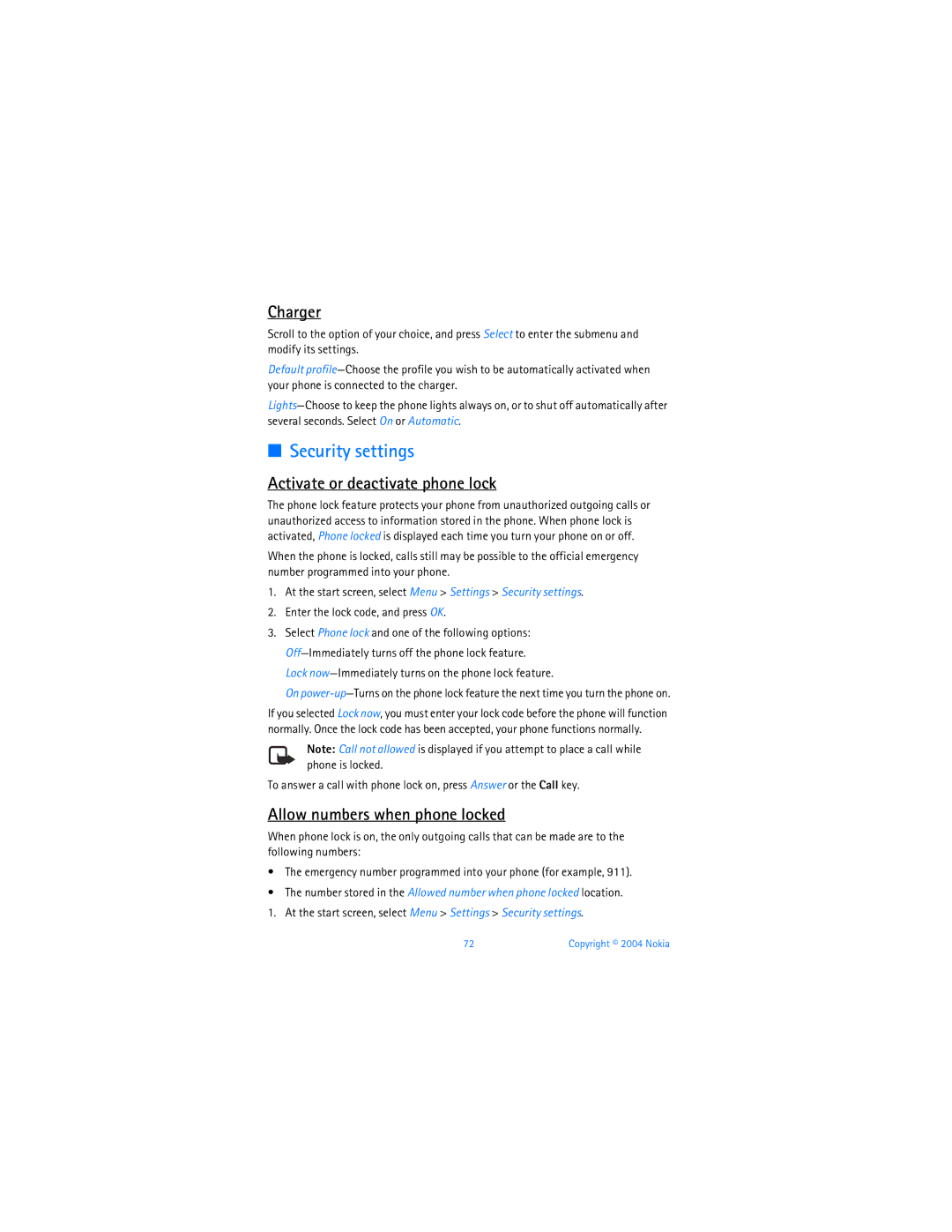 Nokia 6255i manual Security settings, Charger, Activate or deactivate phone lock, Allow numbers when phone locked 