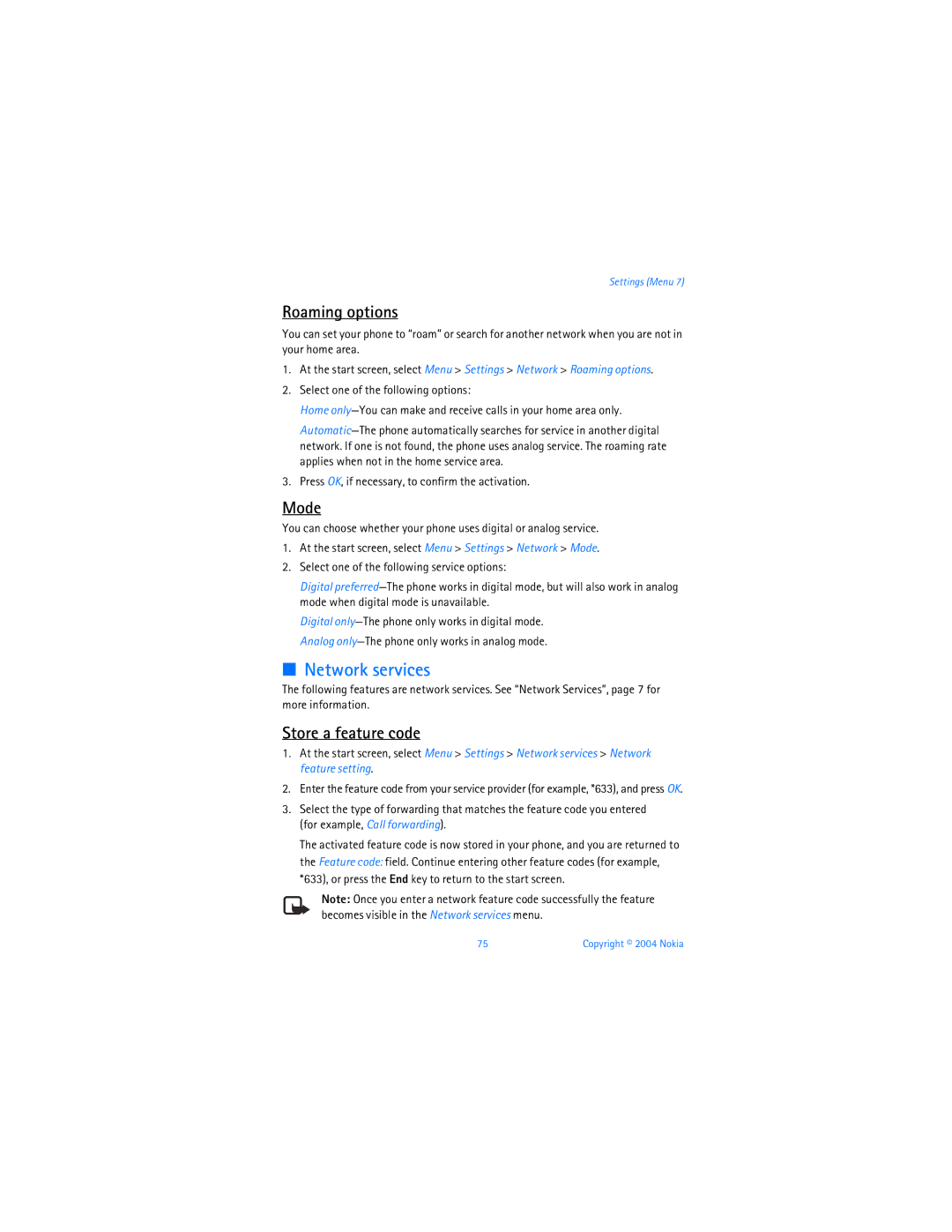 Nokia 6255i manual Roaming options, Mode, Store a feature code, Press OK, if necessary, to confirm the activation 