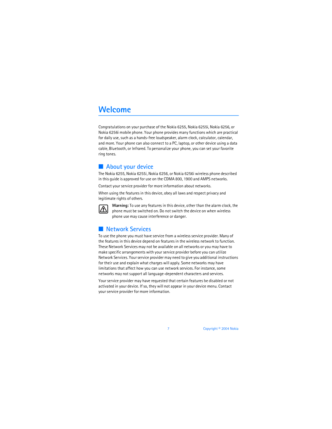 Nokia 6255i manual Welcome, About your device, Network Services 