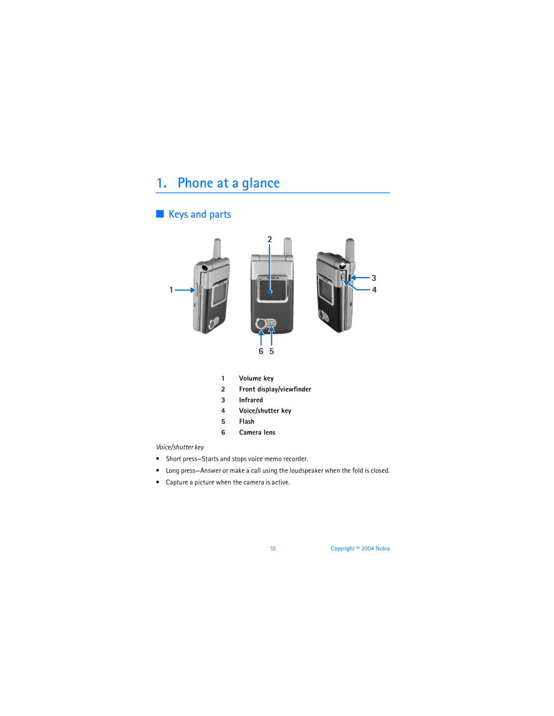 Nokia 6256 manual Phone at a glance, Keys and parts, Short press-Starts and stops voice memo recorder 