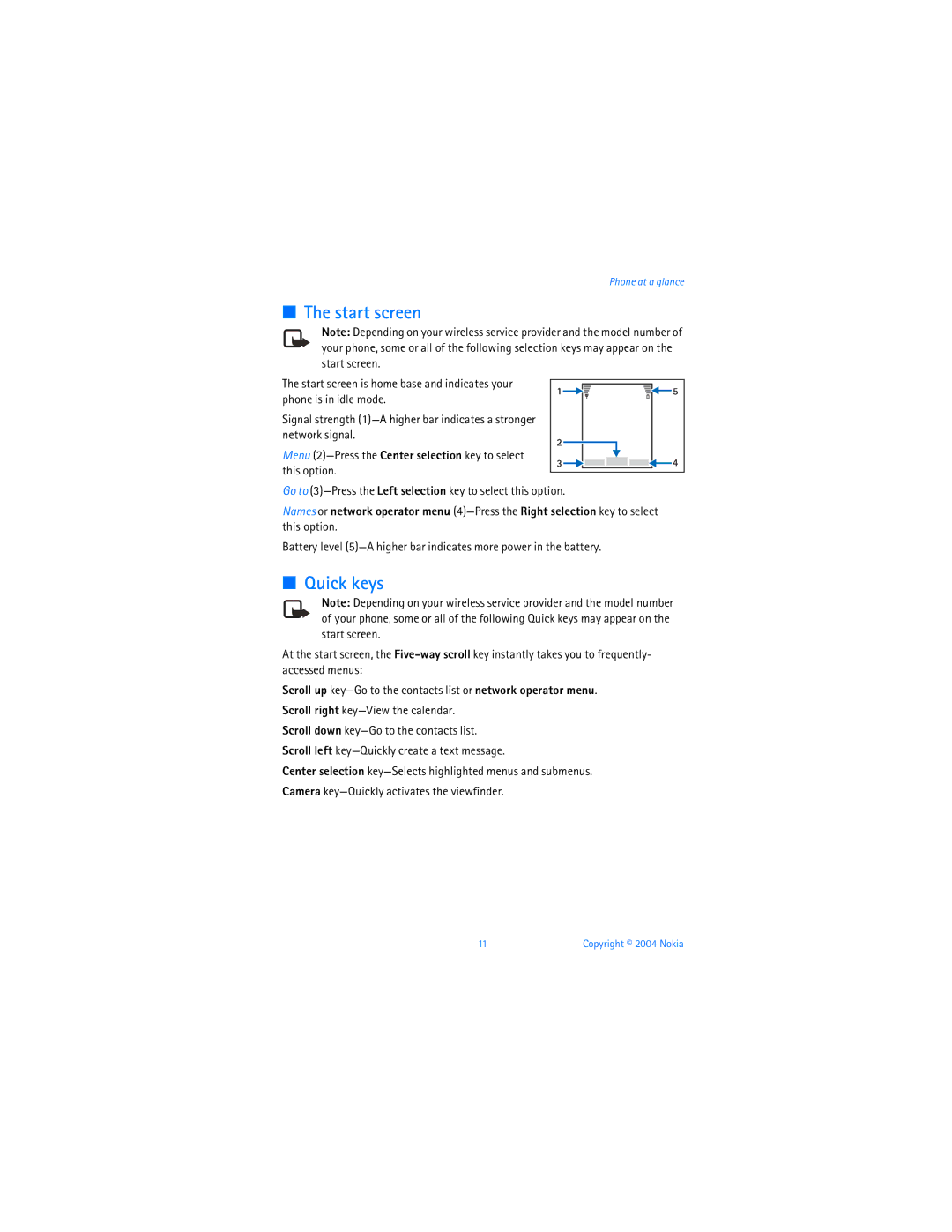 Nokia 6256 manual Start screen, Quick keys, Go to 3-Press the Left selection key to select this option 