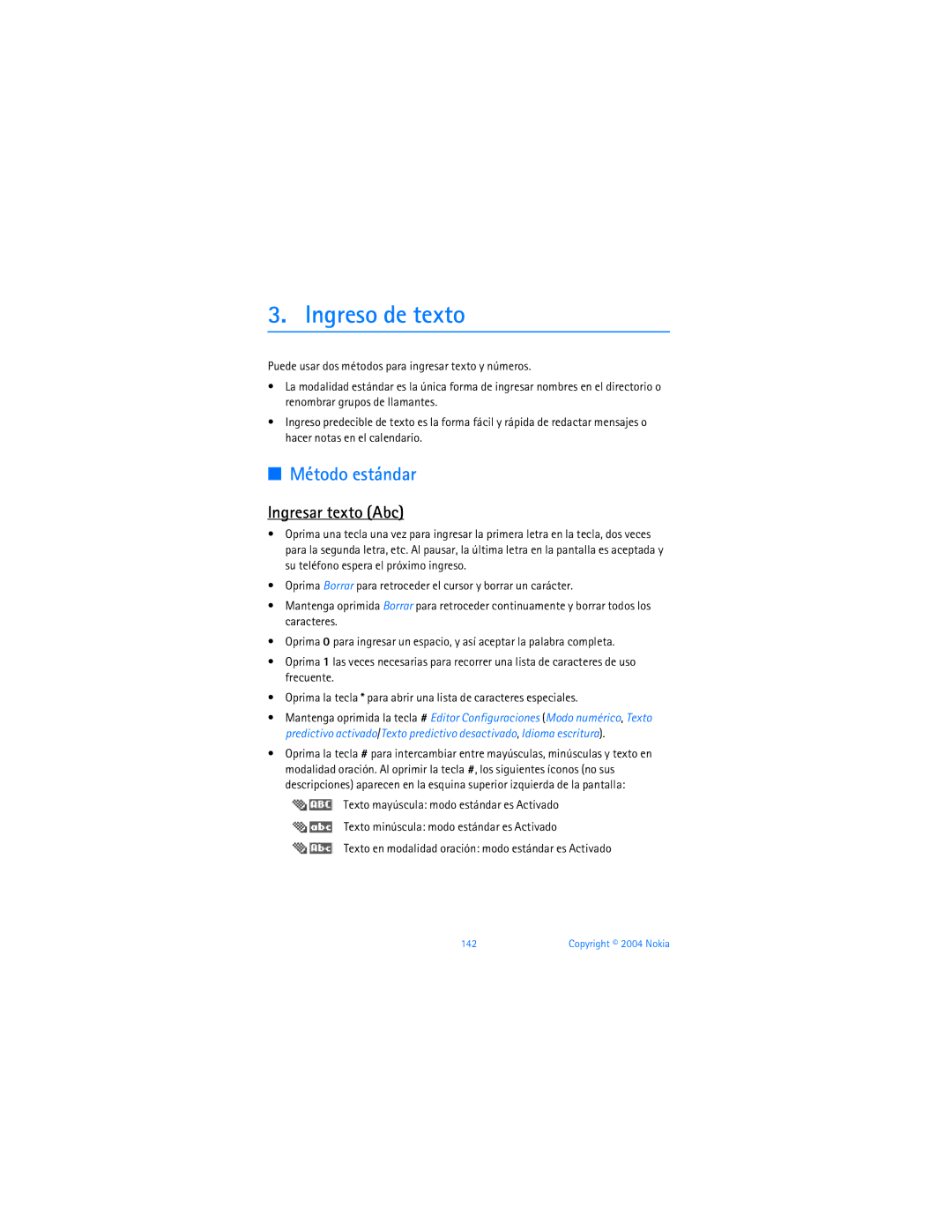 Nokia 6256 manual Ingreso de texto, Método estándar, Ingresar texto Abc 