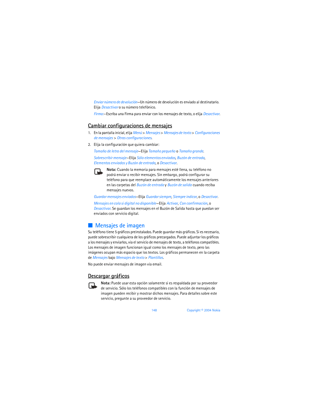 Nokia 6256 manual Mensajes de imagen, Cambiar configuraciones de mensajes, Descargar gráficos 