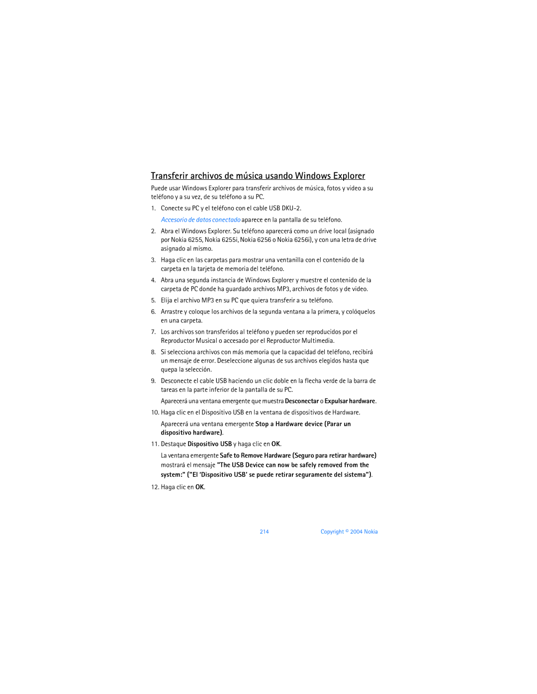 Nokia 6256 manual Transferir archivos de música usando Windows Explorer, Haga clic en OK 