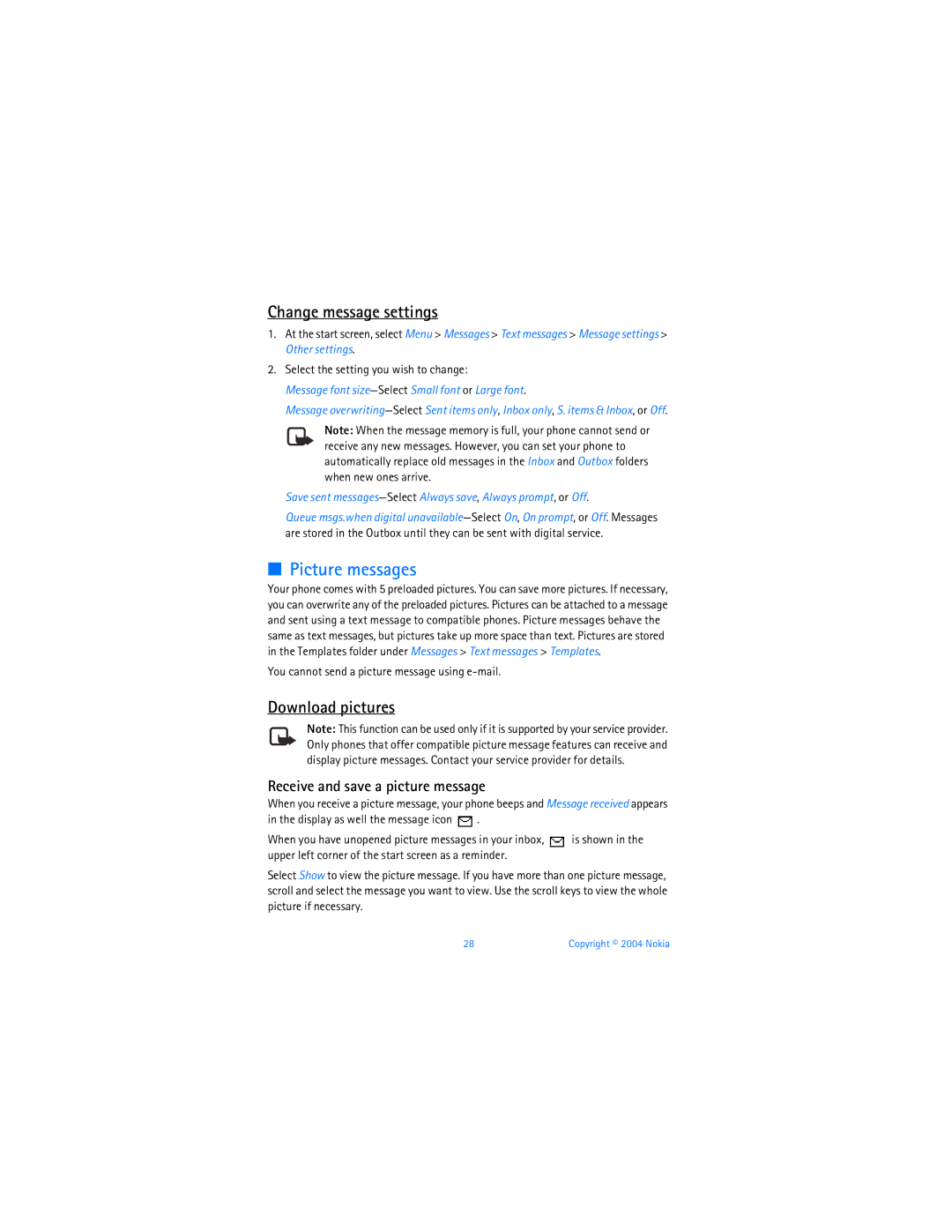 Nokia 6256 manual Picture messages, Change message settings, Download pictures, Receive and save a picture message 