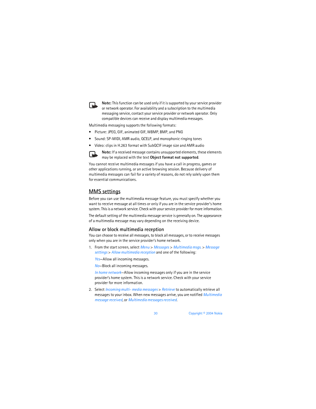 Nokia 6256 manual MMS settings, Allow or block multimedia reception 