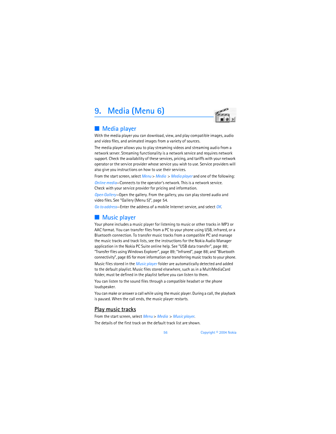 Nokia 6256 manual Media Menu, Media player, Music player, Play music tracks 