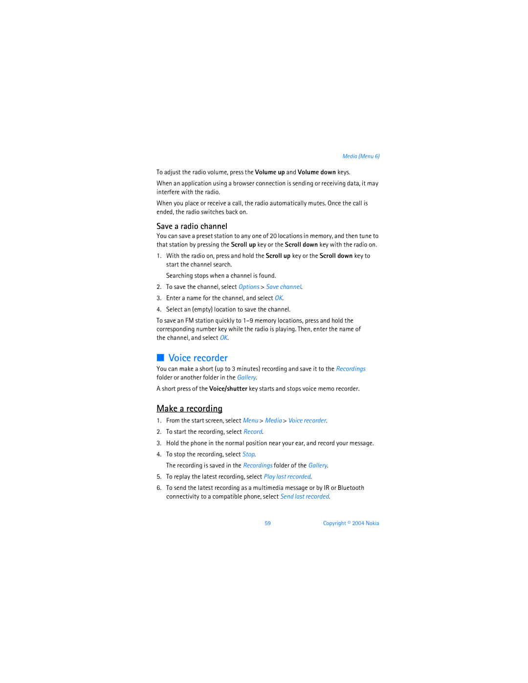 Nokia 6256 manual Voice recorder, Make a recording, Save a radio channel 