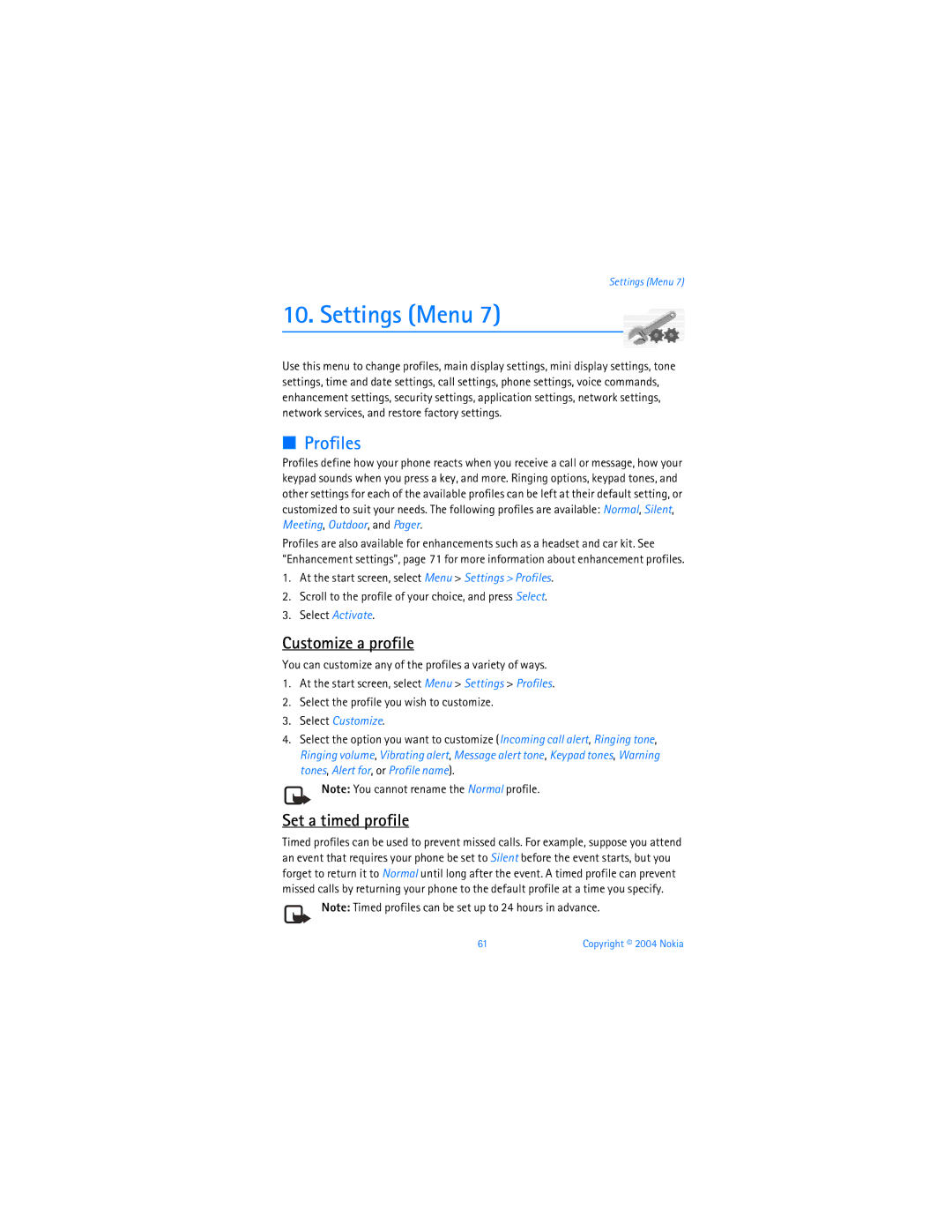 Nokia 6256 manual Settings Menu, Profiles, Customize a profile, Set a timed profile, Select Customize 