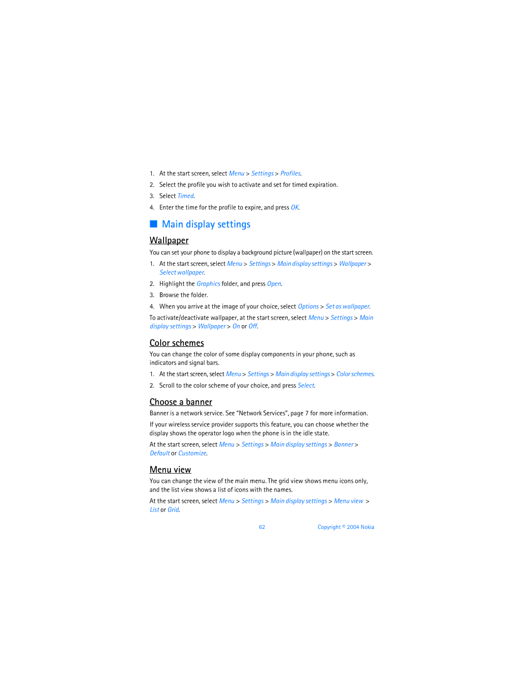 Nokia 6256 manual Main display settings, Wallpaper, Color schemes, Choose a banner, Menu view 
