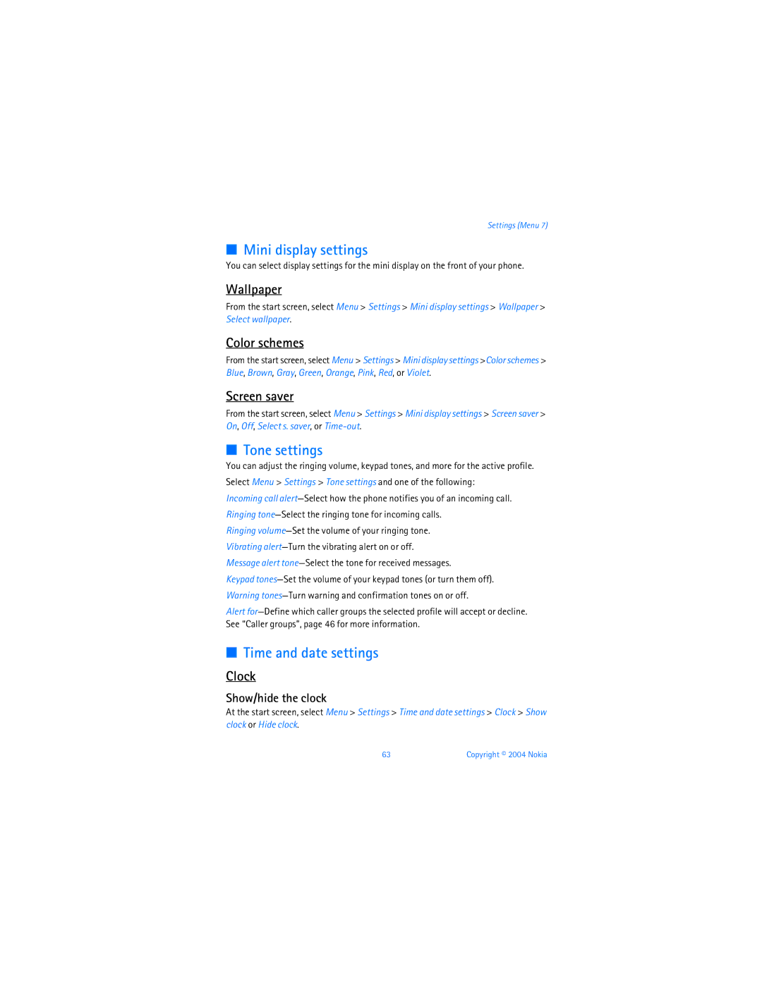 Nokia 6256 manual Mini display settings, Tone settings, Time and date settings, Screen saver, Clock 