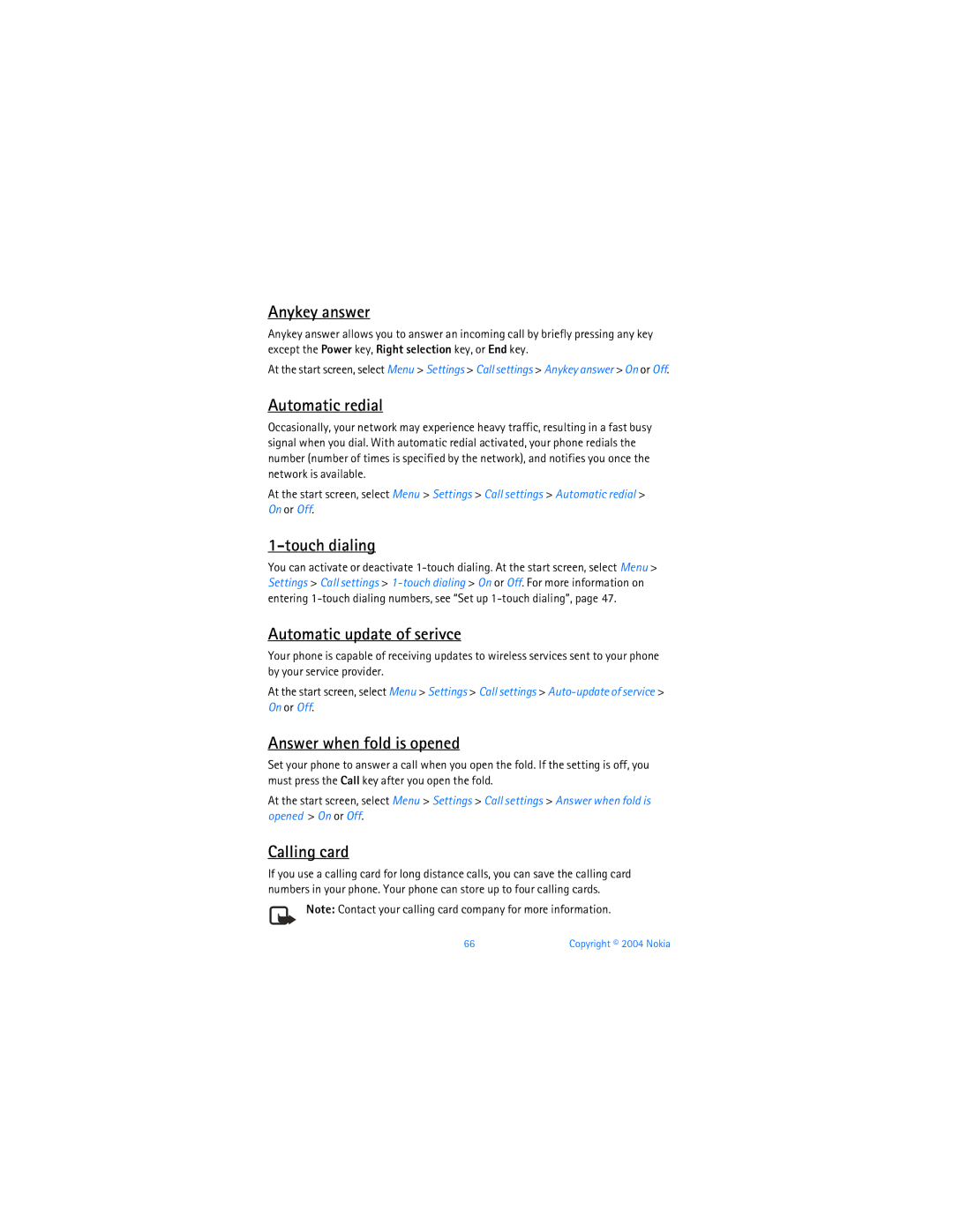 Nokia 6256 manual Anykey answer, Automatic redial, Touch dialing, Automatic update of serivce, Answer when fold is opened 