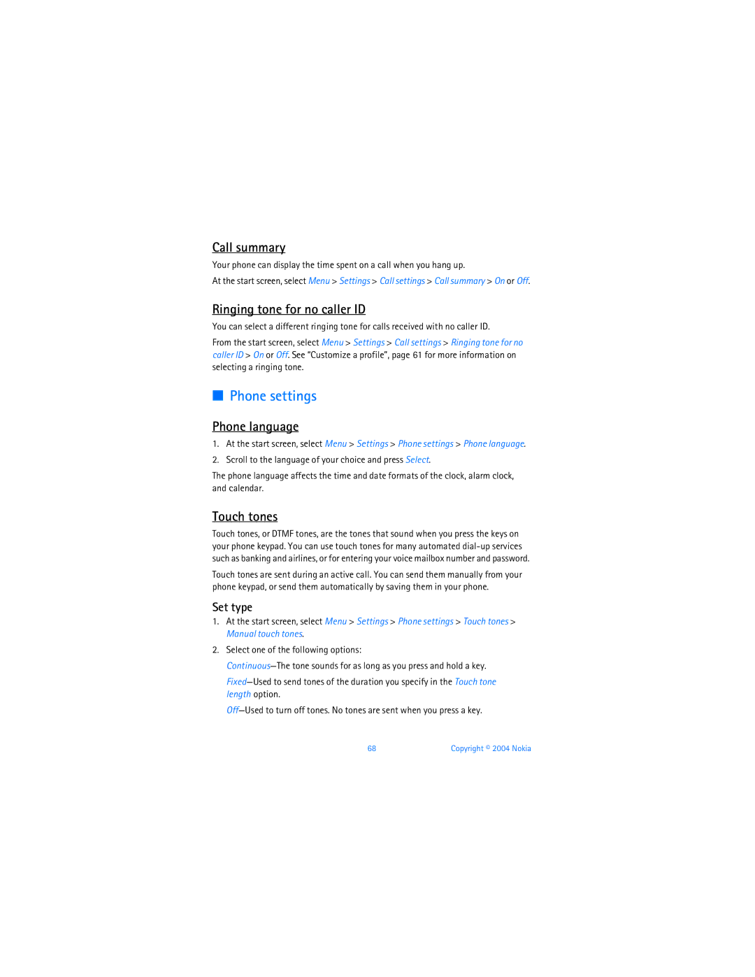 Nokia 6256 manual Phone settings, Call summary, Ringing tone for no caller ID, Phone language, Touch tones 