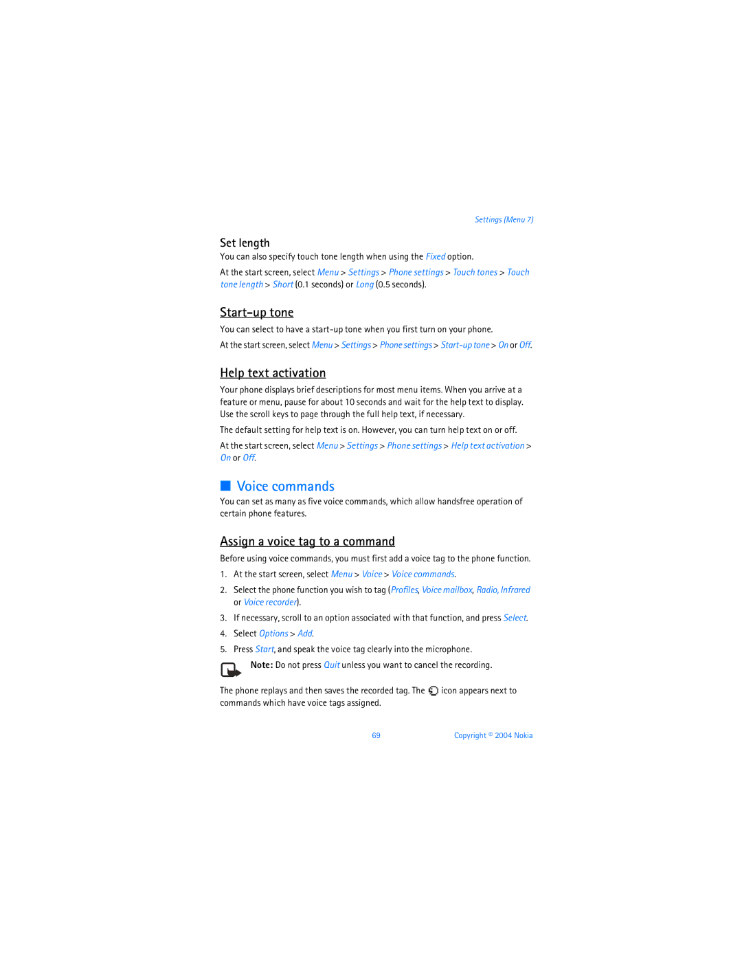 Nokia 6256 manual Voice commands, Start-up tone, Help text activation, Assign a voice tag to a command, Set length 