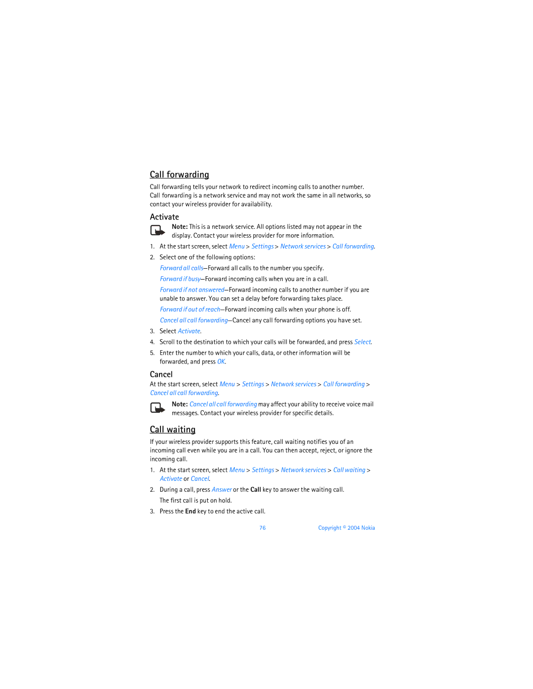 Nokia 6256 manual Call forwarding, Call waiting, Activate, Cancel 