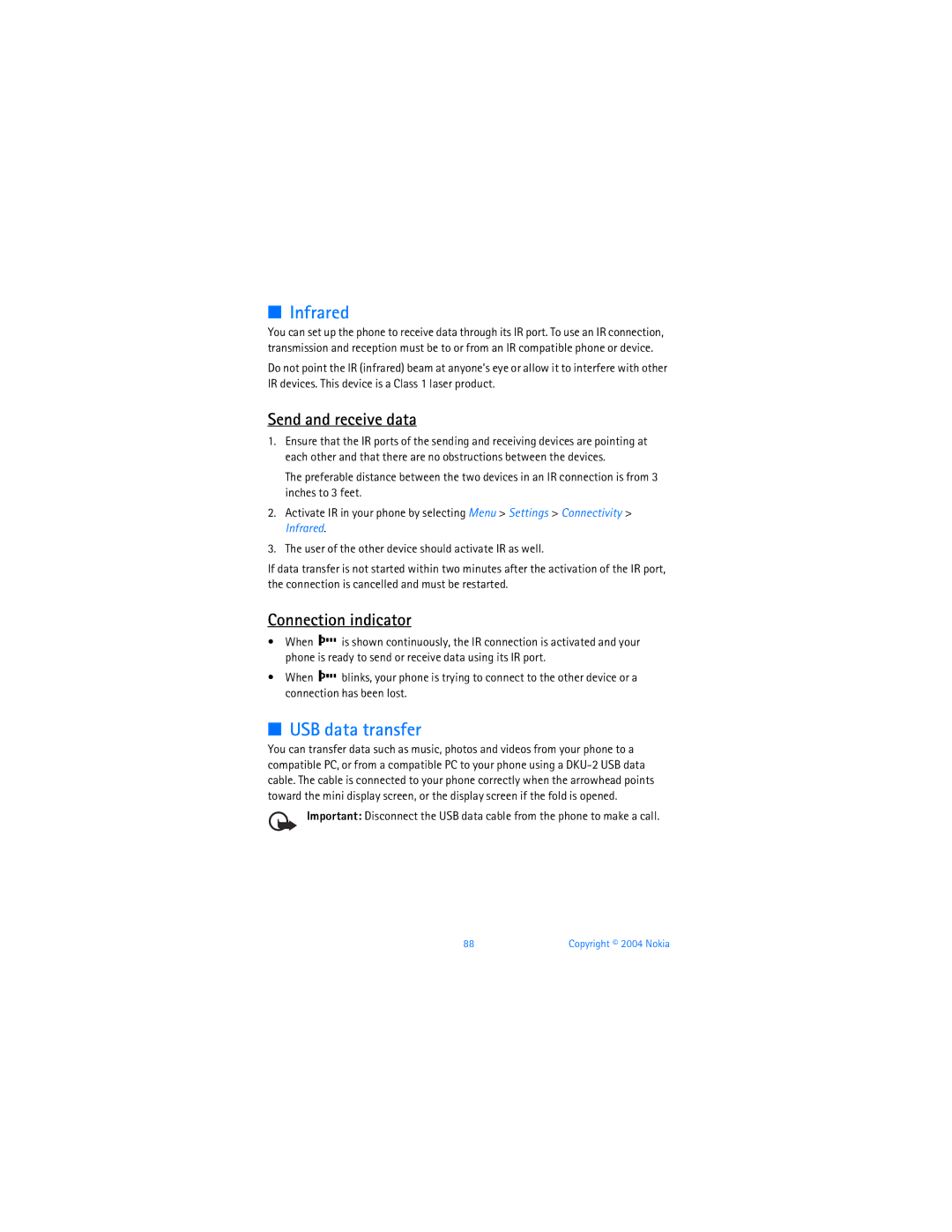 Nokia 6256 manual Infrared, USB data transfer, Send and receive data, Connection indicator 