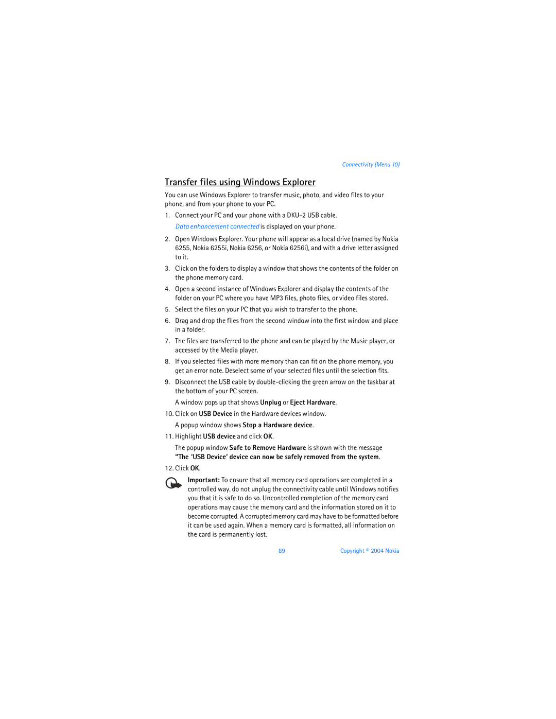 Nokia 6256 manual Transfer files using Windows Explorer, Highlight USB device and click OK, Click OK 