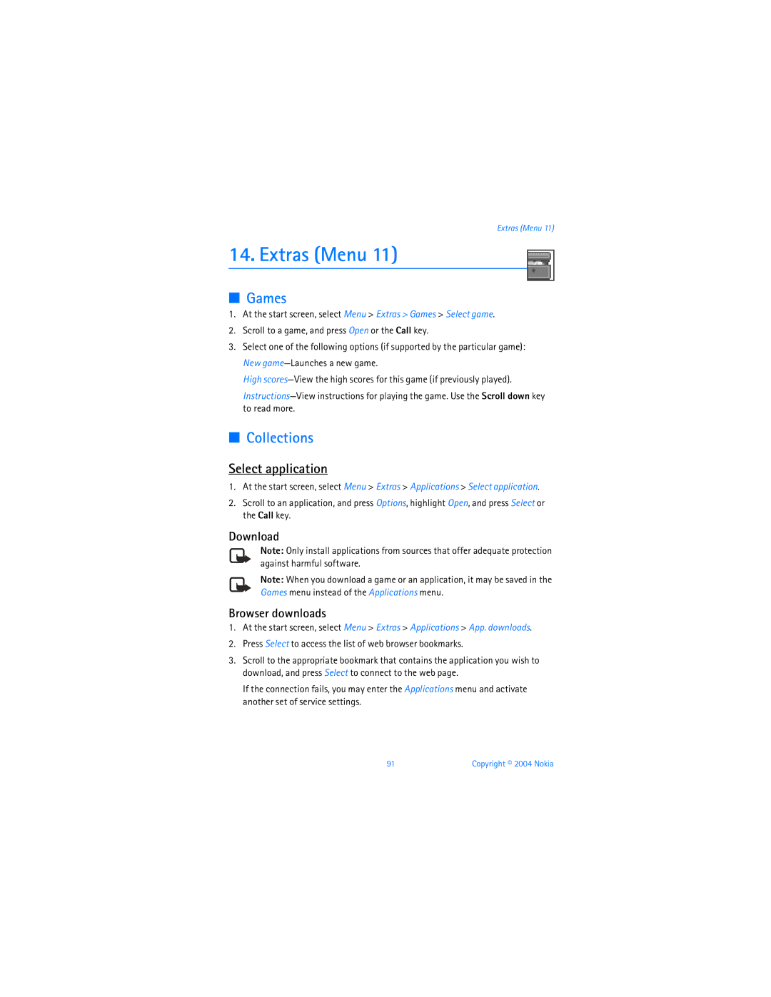 Nokia 6256 manual Extras Menu, Games, Collections, Select application, Download Browser downloads 