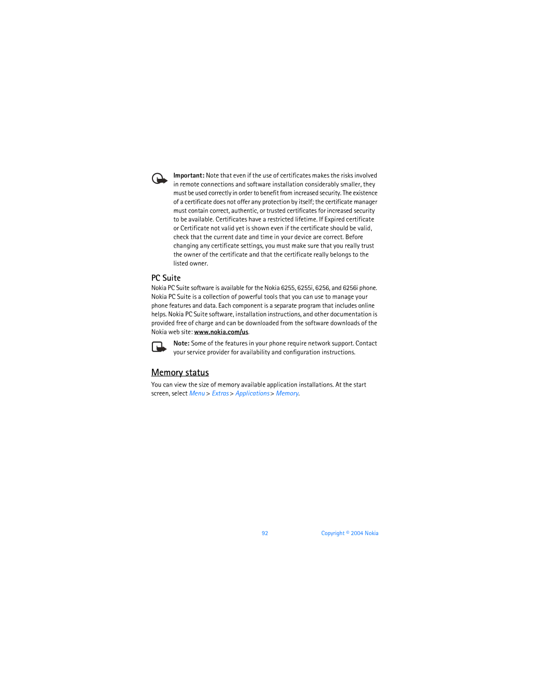 Nokia 6256 manual Memory status, PC Suite 