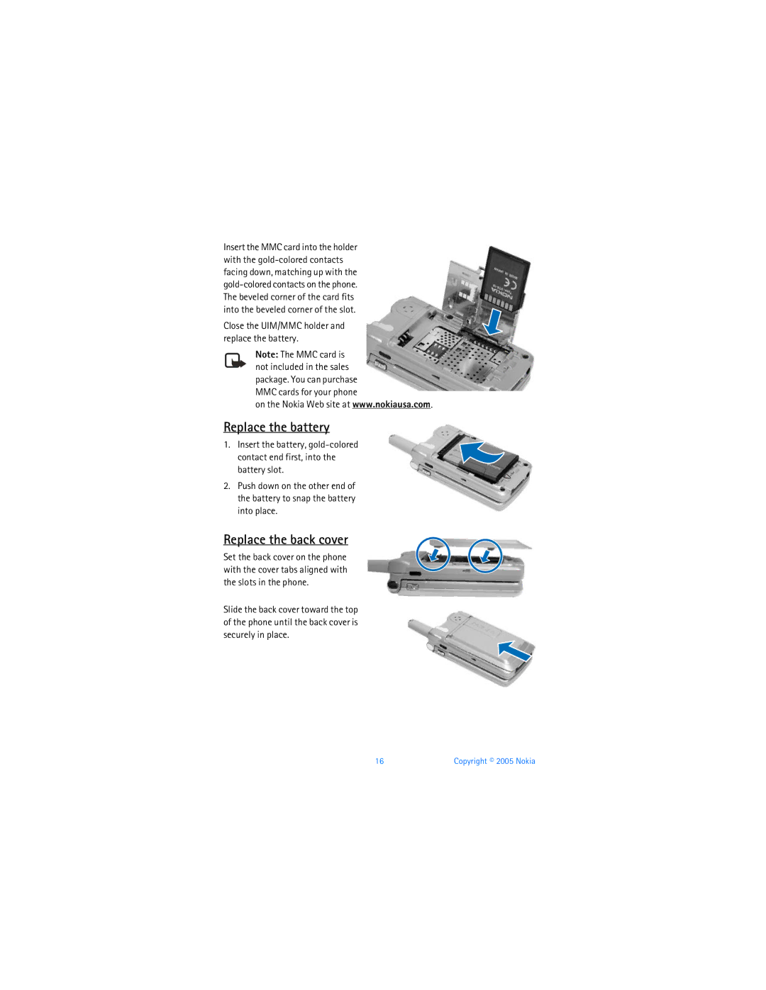 Nokia 6256i manual Replace the battery, Replace the back cover, Close the UIM/MMC holder and replace the battery 