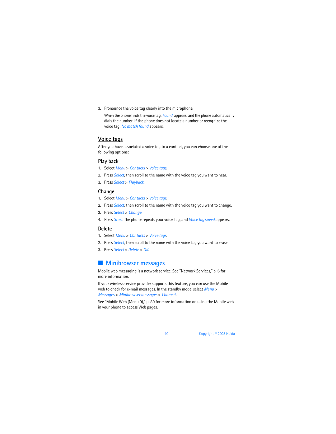 Nokia 6256i manual Minibrowser messages, Voice tags, Play back, Change, Delete 