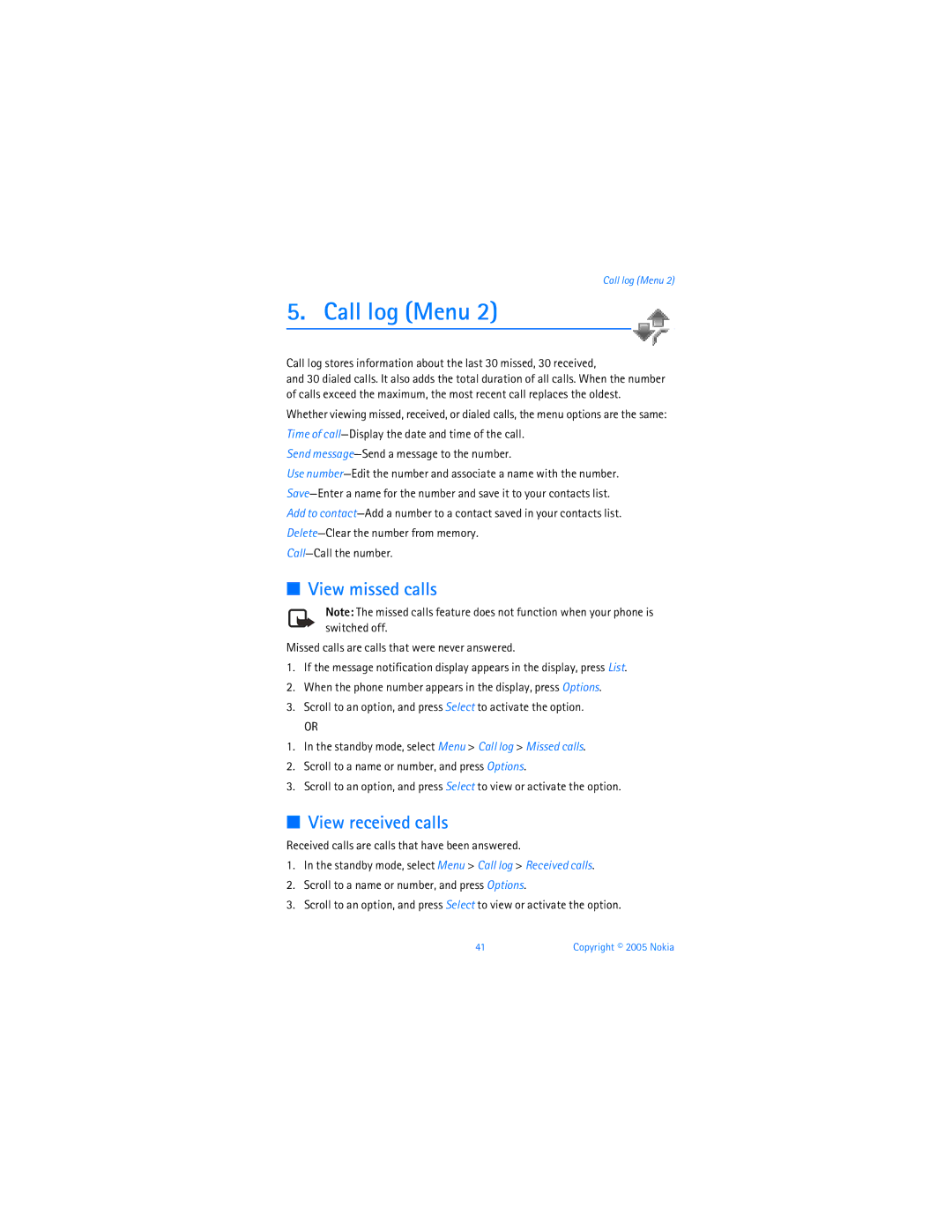 Nokia 6256i manual Call log Menu, View missed calls, View received calls, Call-Call the number 