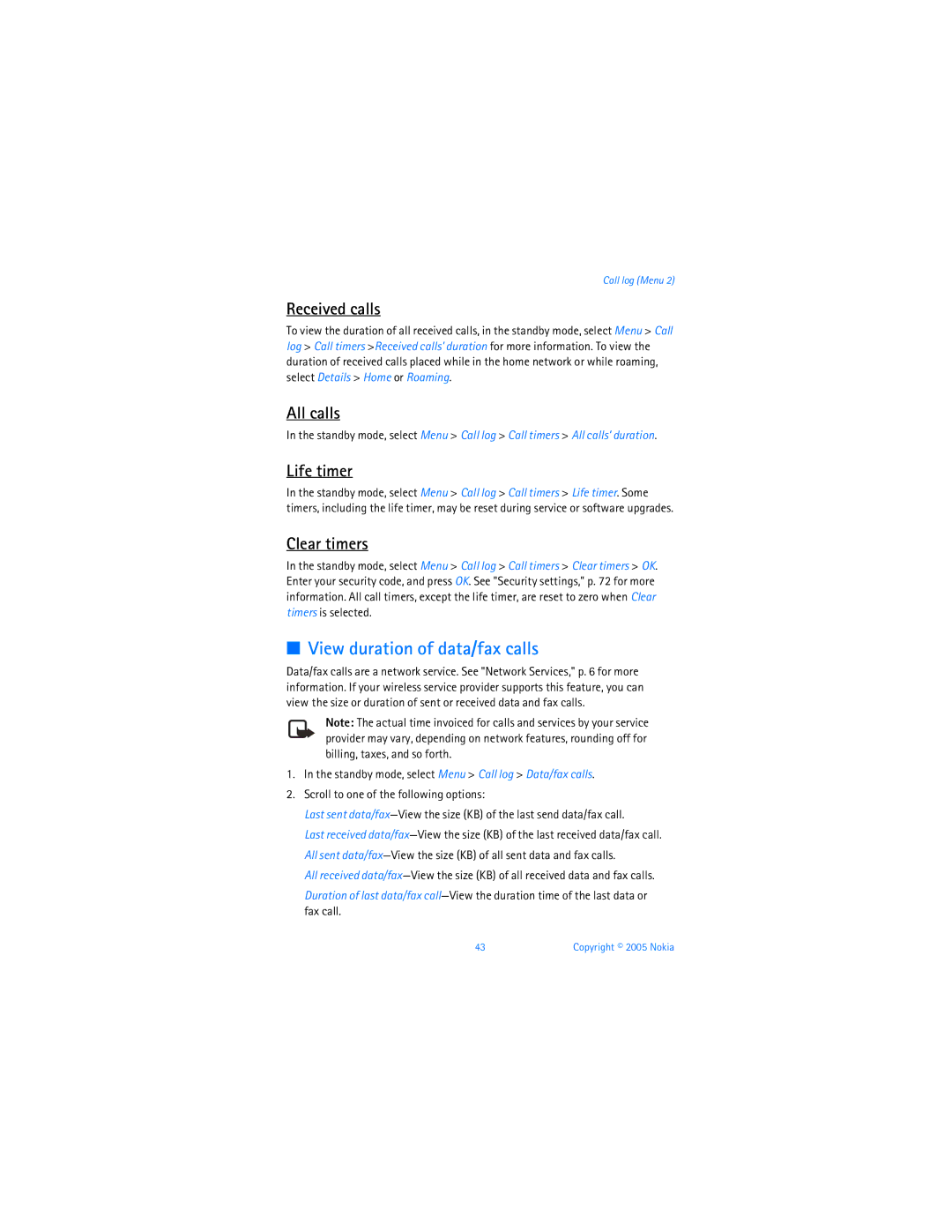 Nokia 6256i manual View duration of data/fax calls, Received calls, All calls, Life timer, Clear timers 